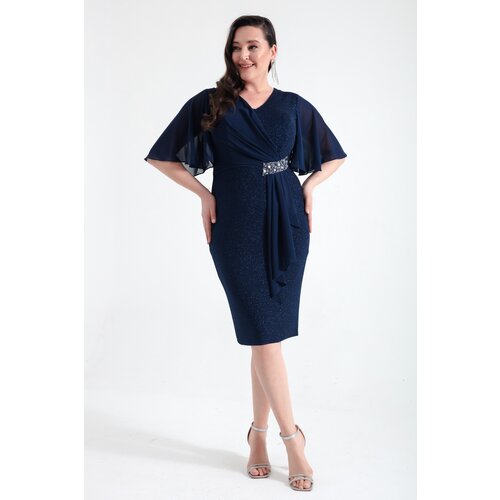 Lafaba Women's Navy Blue V-Neck Short Sleeve Plus Size Midi Evening Dress Cene