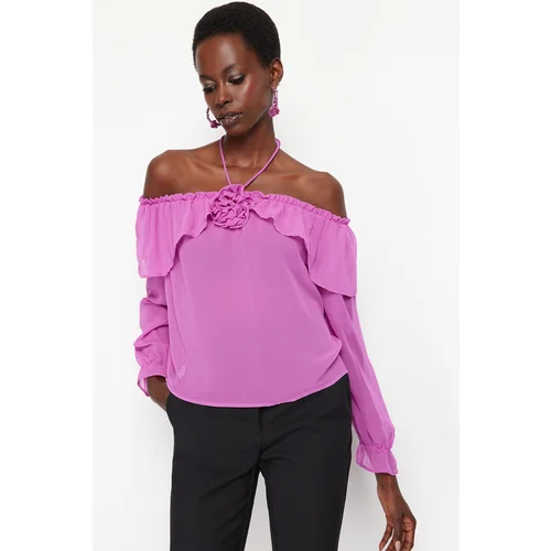 Trendyol Pink Unlined Flounce Rose Detailed Chiffon Blouse