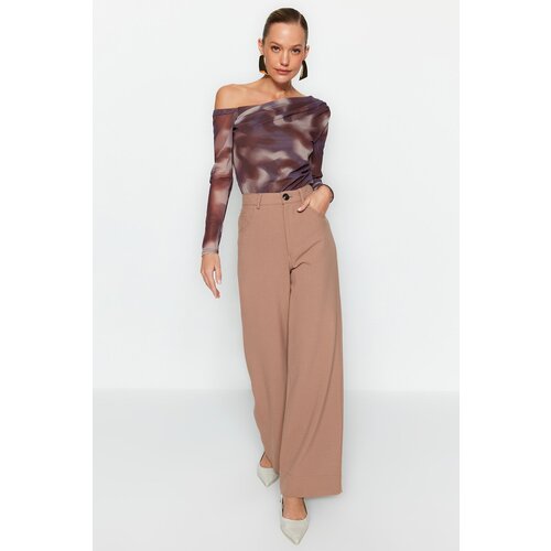 Trendyol Brown Tulle Lined Asymmetric Collar Knitted Blouse Slike