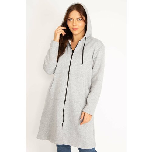 Şans Women's Plus Size Gray Inner Raised Fleece Fabric Front Zippered Kangaroo Pocket Hooded Coat Cene