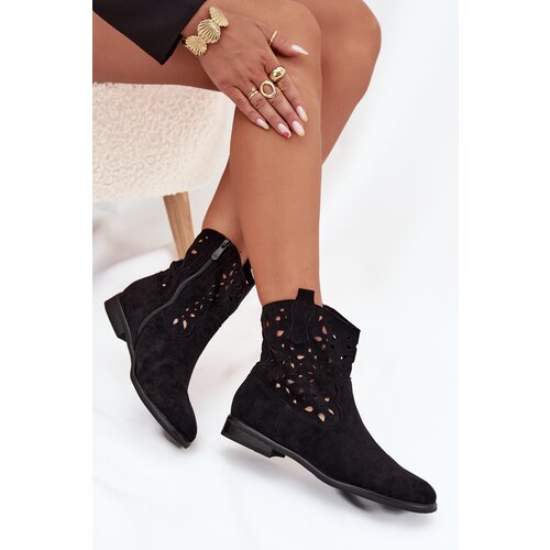 Boto Women&amp;#039;s Ankle Boots With Perforated Pattern On Flat Heel Eco Suede Black Athera Slike