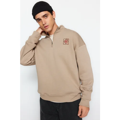 Trendyol Mink Men's Oversize Zipper Stand-Up Collar with Embroidery Detail, Soft Pillow inside Cotton Sweatshirt.