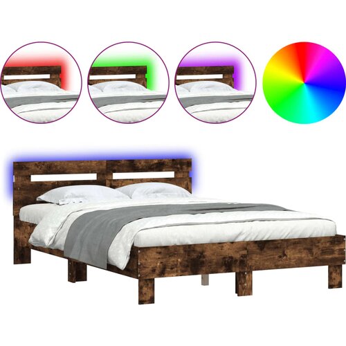 VidaXL Posteljni okvir z vzglavjem in LED dimljen hrast 135x190 cm, (20978722) Slike