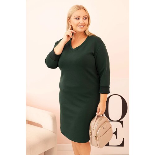 Kesi Włoski Plus Size women&amp;#039;s dress in butter color with a V-neck and sleeves dark green Slike