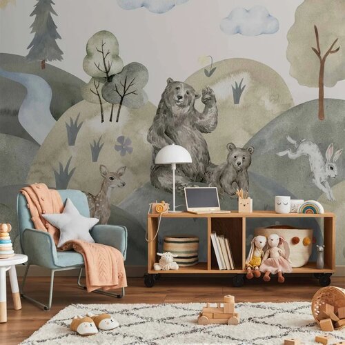  Foto tapeta - Green Hills - a Valley With Animals Painted in Watercolours 100x70 Vodootporna Cijene