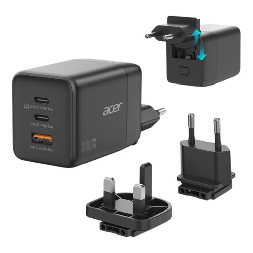 Acer Punjač Gan 100 W punjač 2 x USB-C + 1 X USB-A ports crni Slike