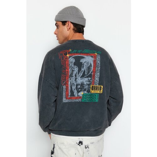 Trendyol Anthracite Men's Oversize Washed Effect Cotton Sweatshirt with a Printed Back. Cene