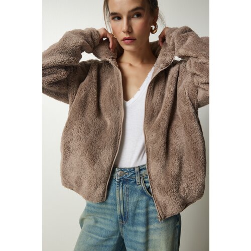  Women&amp;#039;s Dark Beige Zippered Plush Cardigan Slike