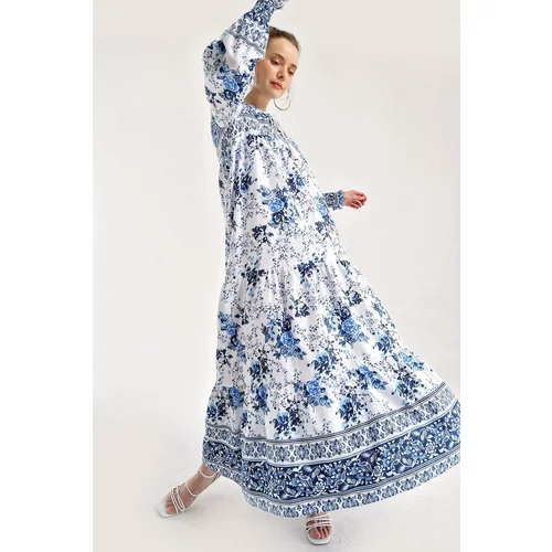 Bigdart Women's Blue Floral Patterned Dress with Pleated Sleeves and a Robe 1947 1947 hpd19.