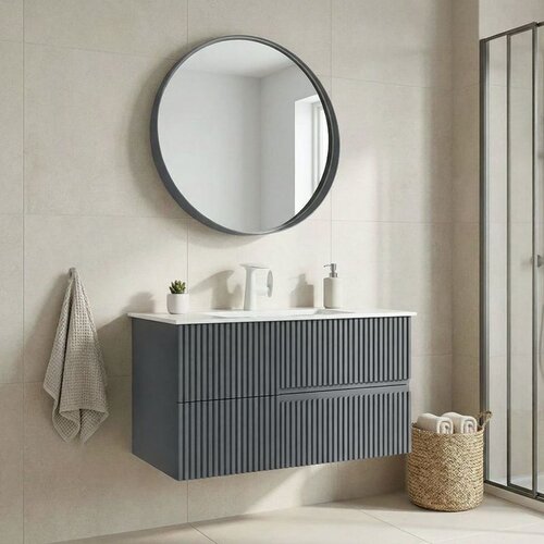 Hanah home Moonlight 90 v2 - 392 Matte Anthracite Bathroom Cabinet With Sink & Mirror Set (2 Pieces) Cene