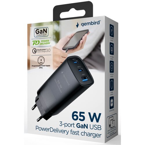 Gembird TA-UC-PDQC65-01-BK 3-port 65W GaN USB PowerDelivery fast charger, black Cene