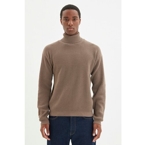 Trendyol camel men's oversize wide fit turtleneck basic sweater Slike