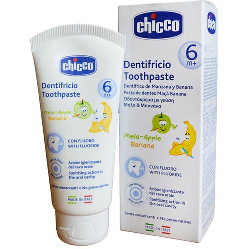 Chicco Toothpaste 6-24m otro&scaron;ka zobna pasta s fluoridom Apple-Banana 50 ml Cene