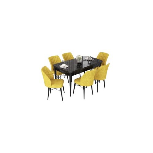 Hanah home nef - black marble, mustard black marblemustard extendable dining table & chairs set (7 pieces) Cene