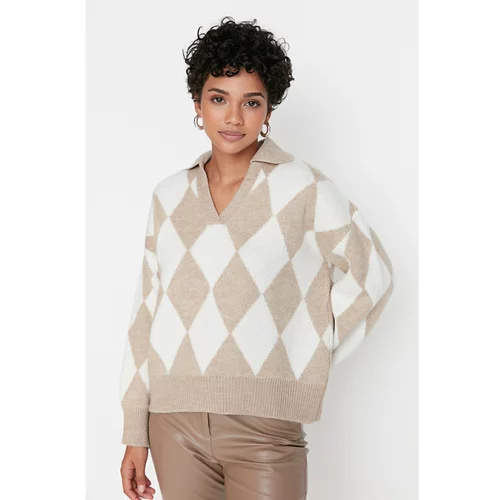 Trendyol Beige Oversize Jacquard Knitwear Sweater