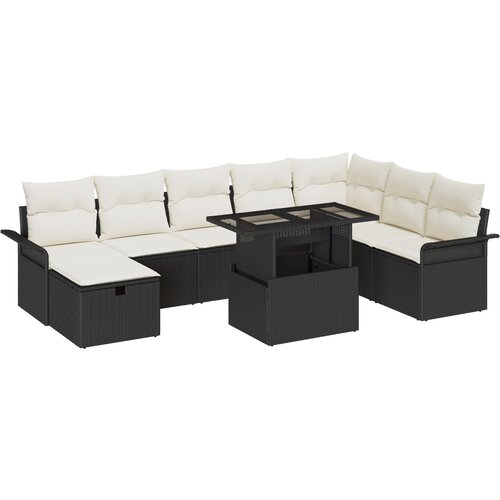vidaXL 9-dijelni vrtni sofa set s jastučićima - Crni poli ratan, 2-sjedni vrtni sofa s pohranom i jastučićima - Crni poli ratan Cene