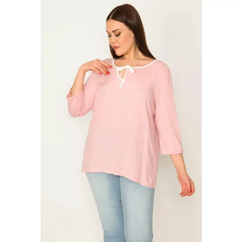 Şans Women's Plus Size Pink Kiss Collar Webbing Capri Sleeve Blouse