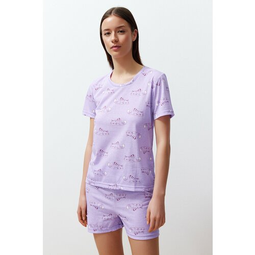 Trendyol Lilac Cotton Animal Pattern Knitted Pajamas Set Cene