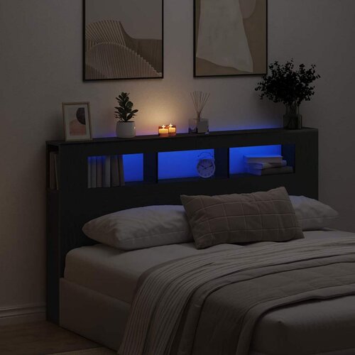  LED glava kreveta s policom Crni hrast 180 x 18,5 x 103,5 cm Slike