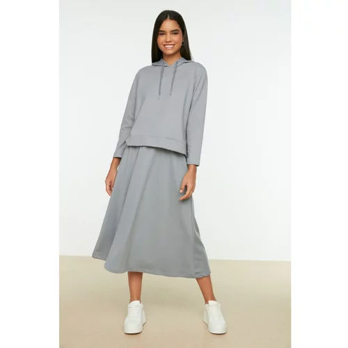 Trendyol Gray Skirt Hooded Knitted Bottom-Top Set