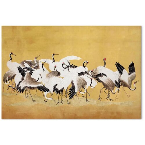  Slika - Japanese cranes - a flock of birds against a golden background based on a painting by Ishida Yūtei 60x40 Cijene