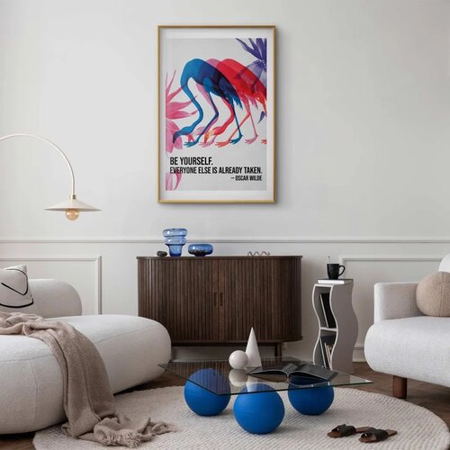  Plakat - Colorful Repetition - three flamingo silhouettes with an inspiring quote 40x60 Zlatni okvir s margom Slike