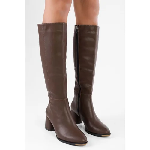 Shoeberry Women's Kiella Brown Leather High Heel Boots