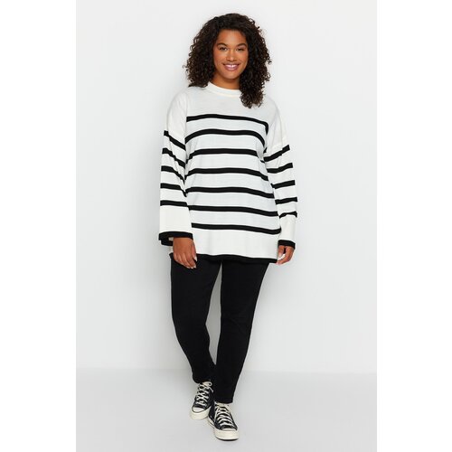 Trendyol curve ecru striped crew neck knitwear sweater Cene