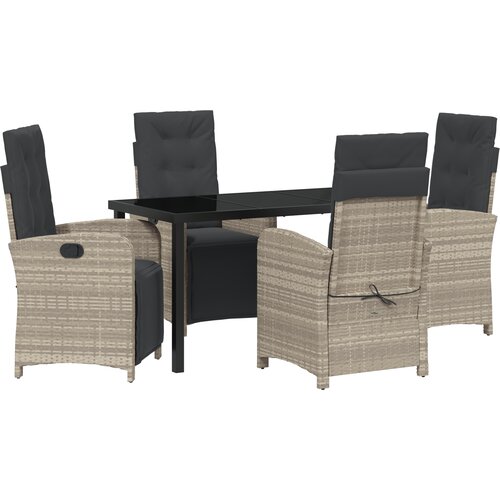 vidaXL 5-delni vrtni jedilni set z blazinami svetlo siva poli ratan, vrtna miza črna 140x80x73 cm kaljeno steklo Cene