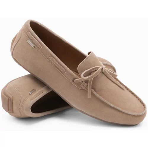 Ombre Men's leather moccasin shoes with thong and driver sole - beige
