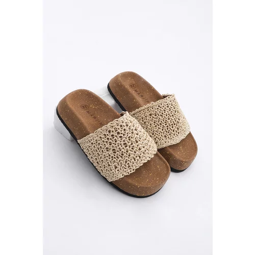 Marjin Women's Hand Knitted Mushroom Pattern Sole Straw Daily Slippers Elesya Beige Straw