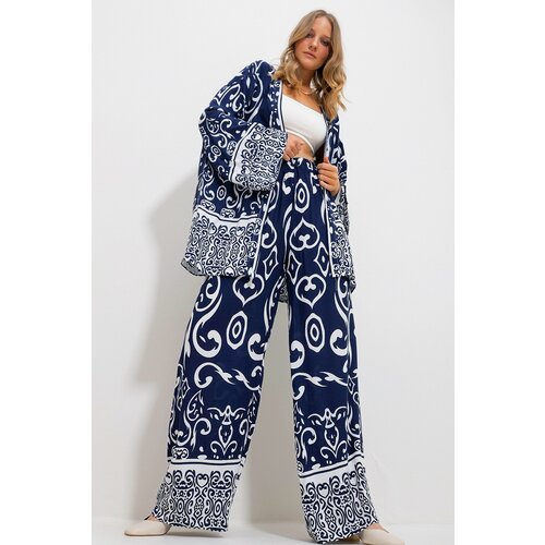 Trend Alaçatı Stili Women's Navy Blue Kimono Jacket And Palazzo Pants Suit Slike