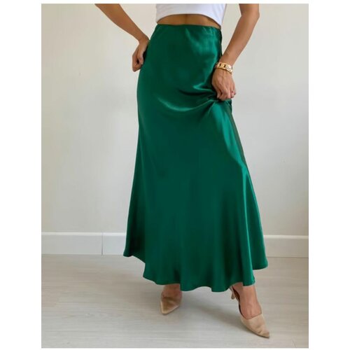 Laluvia Emerald Satin Skirt with Hidden Side Zipper and Elastic Waist Slike