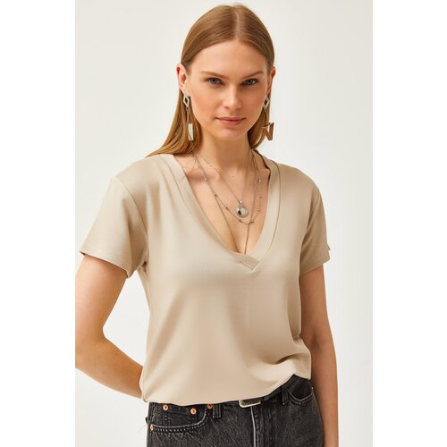 Olalook women's beige deep v-neck modal button t-shirt Cene