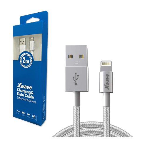 X Wave kabl usb iphone 2M 3A,lightning aluminium,upleteni srebrni Slike