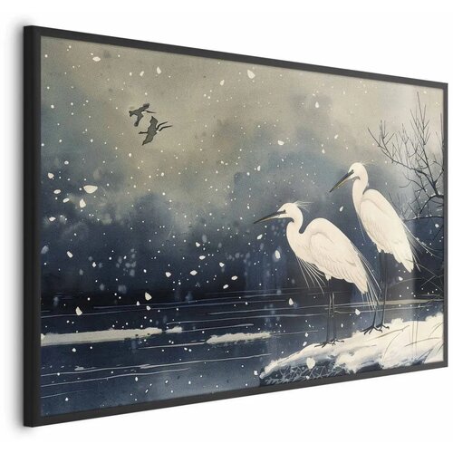  Plakat - Herons over a Winter Pond - illustration in the Japanese style in dark colors 42x29.7 Crni okvir Cene