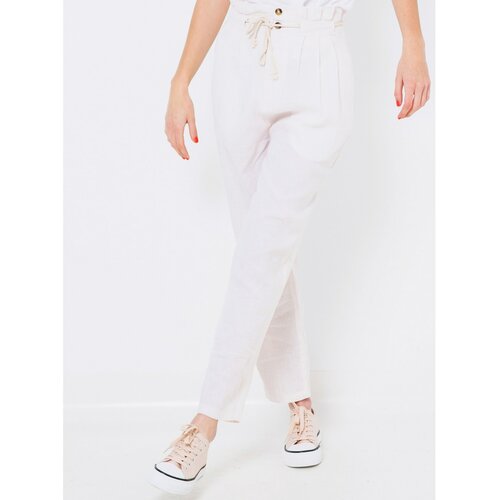 Camaieu White linen trousers with high waist - Women Cene