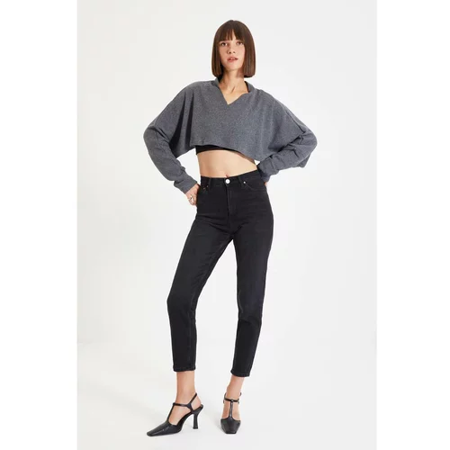 Trendyol Anthracite Ribbed Super Crop Knitted Blouse