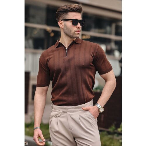 Madmext Men's Brown Polo Collar Zippered T-Shirt 6355 Slike