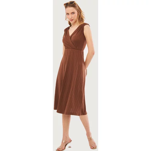 armonika Women's Coffee Waist And Shoulder Elastic Skirt Lined Double Breasted Neck Midi Length Dress