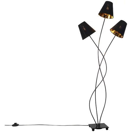QAZQA Dizajn talna svetilka črna z zlato 3-svetlobo - Melis