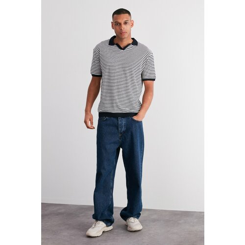 Trendyol Men's Black Relaxed/Comfortable Cut Striped Textured Short Sleeve Apache Polo Collar T-Shirt Cene