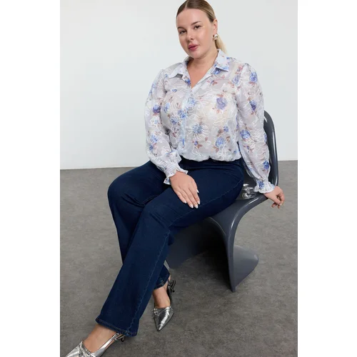 Trendyol Curve Blue-White Floral Sleeveless Transparent Woven Plus Size Shirt