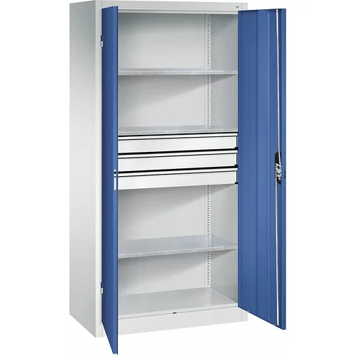 C+P Delavniška omara s krilnimi vrati in predali, ŠxG 930 x 600 mm, 3 police, svetlo sive / encijan modre barve