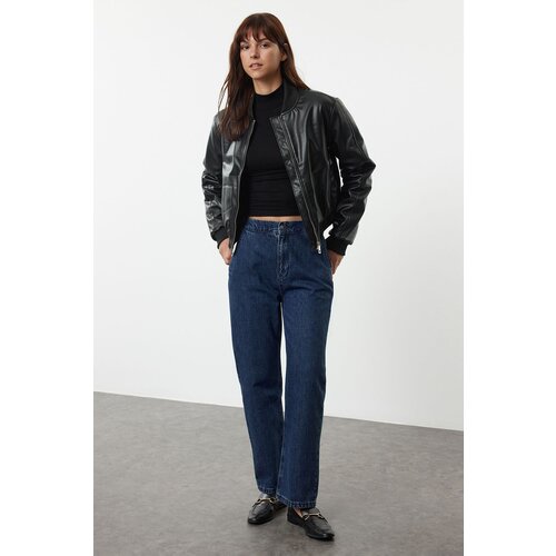 Trendyol dark blue elastic waist high waist straight jeans Slike