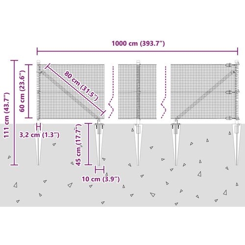 VidaXL mreža za ograde s 7 sidrenih stupova Siva 0.6x10 m Čelik Slike