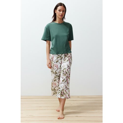 Trendyol Green Cotton Floral Capri Knitted Pajamas Set Cene