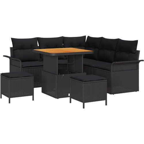 VidaXL 8-dijelni set vrtne sofe s jastučićima Crna Poli ratan Akacija, 2-sjedna vrtna sofa s odlaganjem i jastučićima Crna Poli ratan, 3-dijelni set vrtne blagovaonice s jastučićima Crna Poli ratan Akacija Slike
