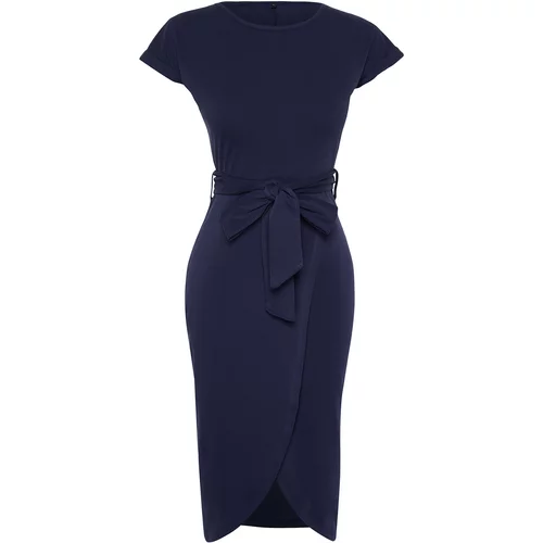 Trendyol Navy Blue 100% Cotton Double Breasted Closure Belt Detailed Midi Knitted Dress