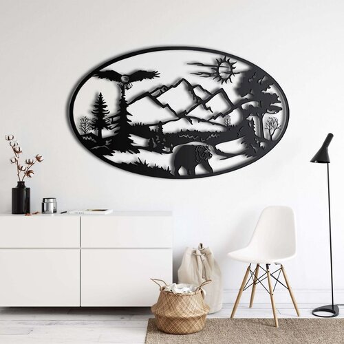 Wallxpert metalni zidni ukras 5190, medved, orao i planinski pejzaž u ovalnom ramu, 75 x 45 cm, crni Cene